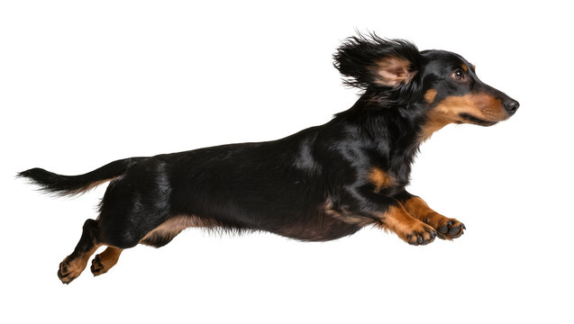 Long-haired black and tan dachshund dog running, isolated on transparent background