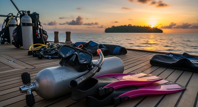 Scuba diving gear on wooden dock.