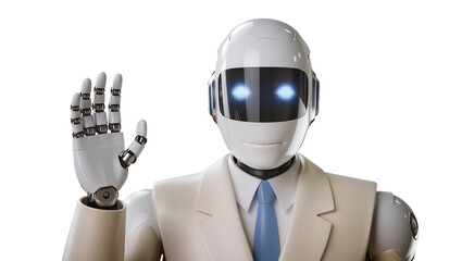 White humanoid robot wearing a suit and tie waving hello, isolated on transparent background © Giulia