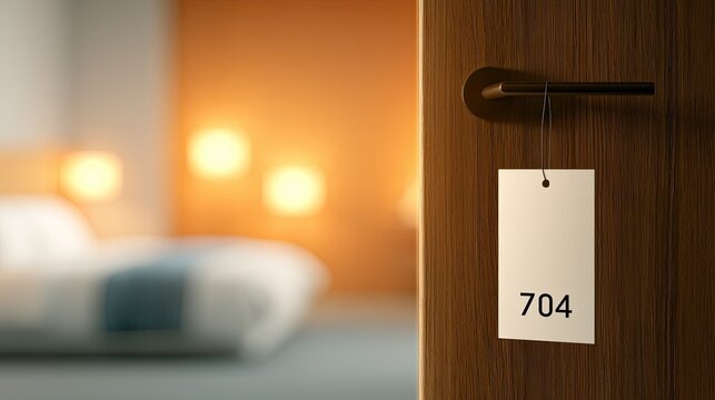Hotel room door ajar with a "704" tag, revealing a softly lit, modern interior