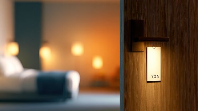 A hotel room door is ajar, revealing a cozy bedroom with warm lighting