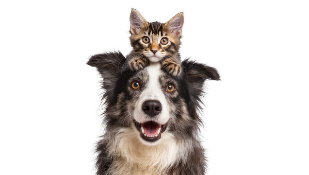 Cute tabby kitten perched on happy dog s head, isolated on transparent background