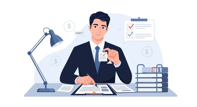 Accountant in suit holding audit badge, working at desk with paperwork and lamp.
