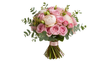 Pink roses and peony bouquet with eucalyptus tied with ribbon, isolated on transparent background © Giulia