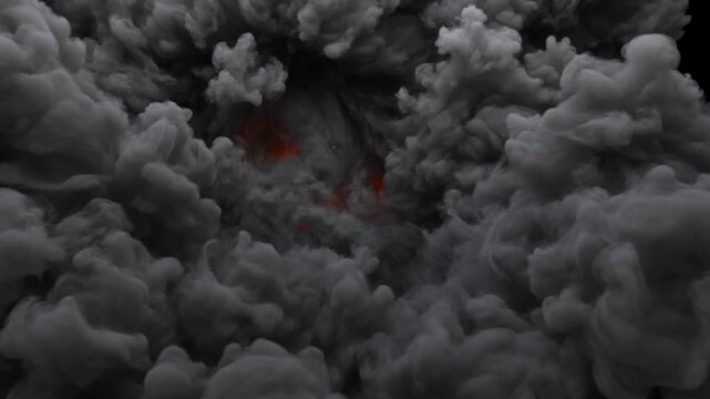 Dense gray smoke and fog swirling over a black backdrop with faint fire flickers, evoking a powerful and moody scene.