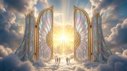 Fototapeta premium Pearly gates opening with brilliant light concept. A majestic gateway to a luminous sky filled with divine light.