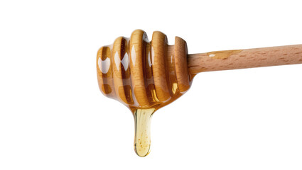 Wooden honey dipper with golden viscous liquid dripping, isolated on transparent background © Giulia