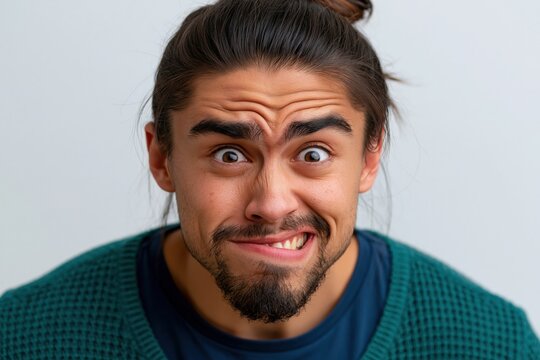 Man making exaggerated funny face with raised eyebrows and grimace closeup portrait for editorial and emotive banners