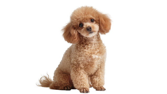 Fluffy toy poodle dog with curly brown fur, sitting attentively isolated on transparent background