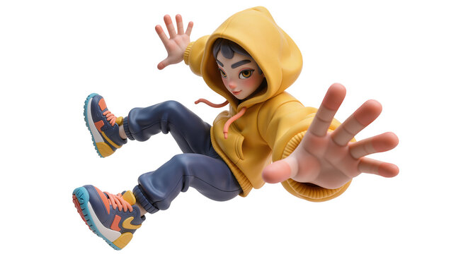 Stylized young boy in yellow hoodie and blue jeans reaching out, isolated on transparent background