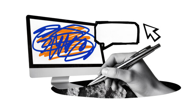 Hand holding pen drawing on computer screen with chat bubble and cursor, isolated on transparent background