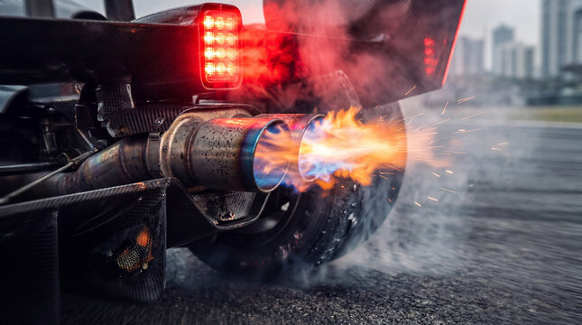 Burning exhaust flames from open-wheel racing car on wet track. Concept of turbo power, motorsport engineering, speed poster and high performance campaign.