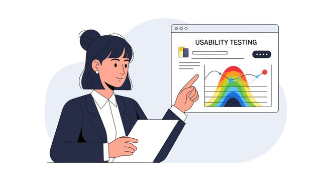 Usability Testing Presentation: Woman Analyzes Graph with Data