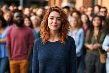 Obraz premium Confident young woman standing in front of a diverse crowd for leadership and community banner or activism website hero