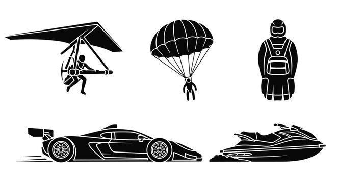 Collection of extreme sports silhouettes featuring hang gliding parachuting racing car and jet skiing activities.