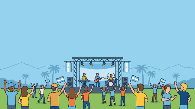 Cartoon Illustration of a Musical Band Performing Live on Outdoor Stage.