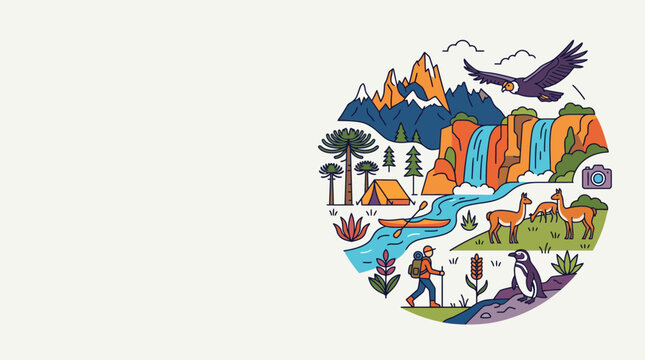 Circular illustration of South American natural landscape with wildlife and hiking.