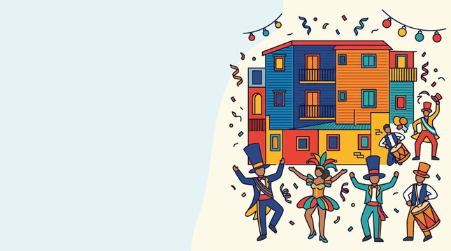 Colorful Carnival Celebration Illustration Featuring Dancers and Musicians in Front of La Boca Buildings.