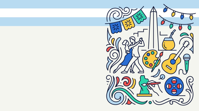 Colorful doodle illustration of Argentine culture symbols and landmarks.