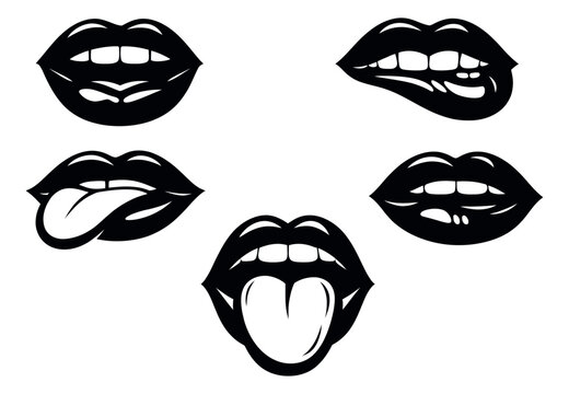 Modern graphic lips set featuring diverse mouth gestures for beauty and emotion concepts