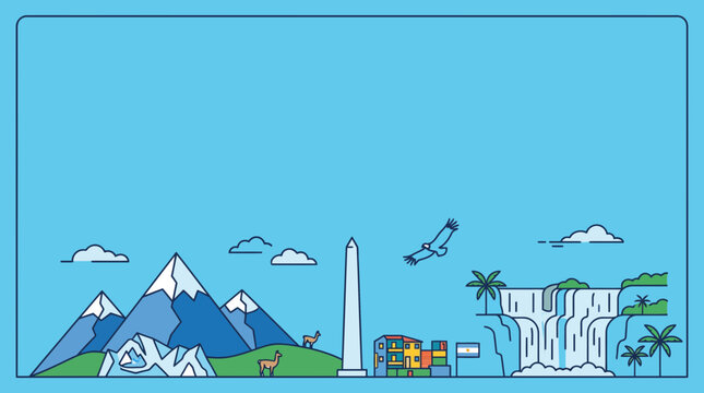 Argentina landmarks and natural wonders line art illustration.