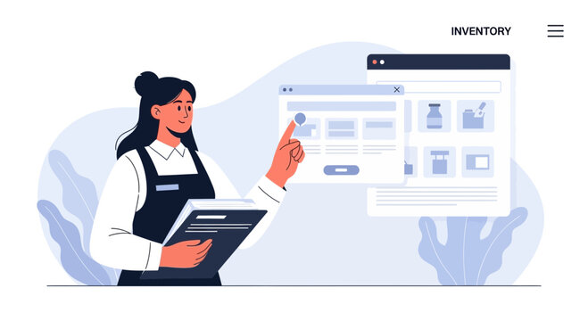 Woman managing inventory online, digital data management, e-commerce illustration