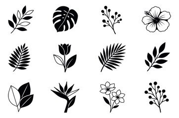 Obraz premium Hand drawn botanical icon set featuring various leaves, flowers and berries for nature-inspired branding