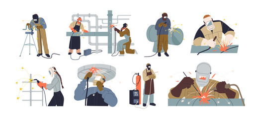 Plakat Welders work with iron set. Industrial workers in masks welding metal pipes, steel pipelines. Fixing, building, repairing, metalworking. Flat graphic vector illustrations isolated on white background
