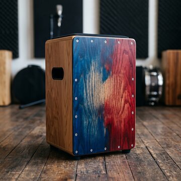Handcrafted wooden cajon drum with blue and red stained front plate