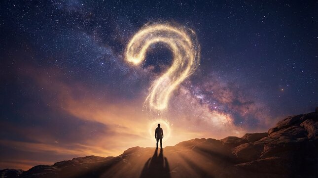 Silhouette gazing upward with glowing sparks concept. A person stands under a starry sky, contemplating life's mysteries.