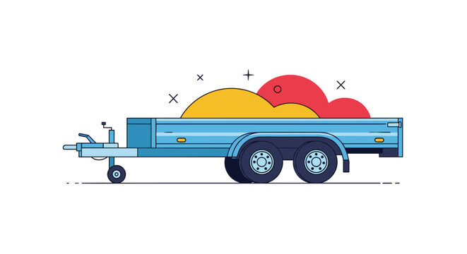 Blue flatbed trailer carrying a cargo of yellow and red rounded materials representing sand or construction soil.