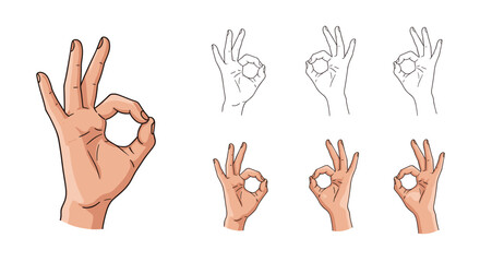 Obraz premium Human hand showing ok gesture in different artistic styles from realistic color to simple line art and silhouettes.