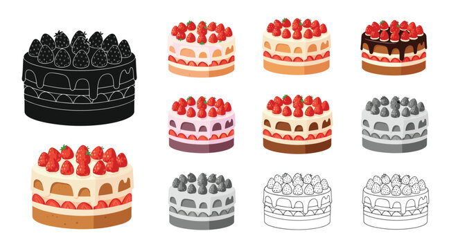 Collection of strawberry cake icons in various styles including flat color outline and monochrome for bakery menu design.