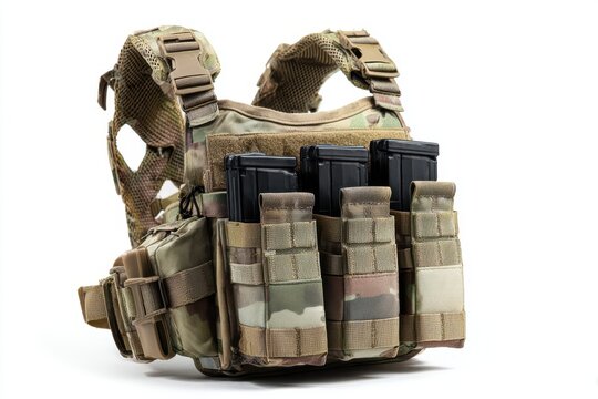 Tactical plate carrier vest with magazine pouches isolated on white background