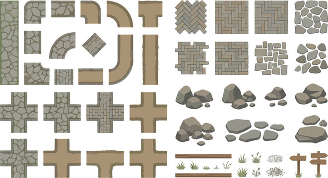 Stone path vector set, cobblestone walkway tiles and pavement textures, garden landscaping elements with rocks and gravel for game design