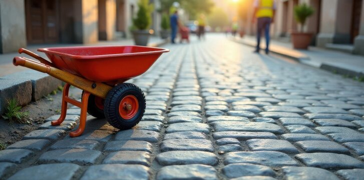 Granite cobblestone paving, wheelbarrow, construction site, wheelbarrow, design