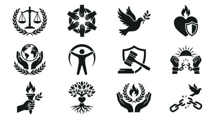 Collection of black silhouette icons representing justice peace and freedom concepts © Shovon