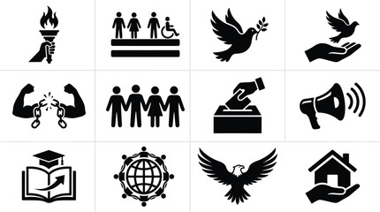 Obraz premium Black and white symbolic icons representing freedom unity strength education and global connectivity in a minimalist style