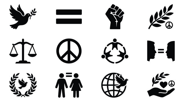 Silhouette icons promoting equality peace justice and unity with symbols of dove balance globe and human figures