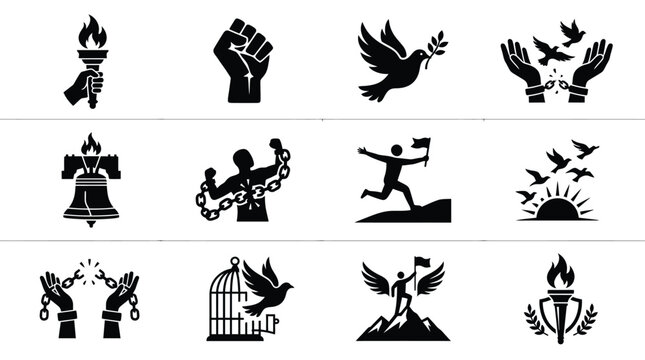 Silhouettes of hands breaking chains holding torches doves flying and figures symbolizing freedom and triumph