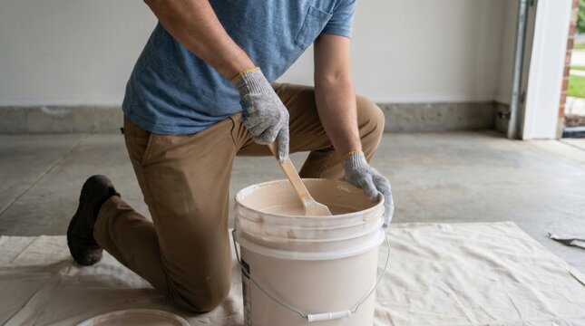 A man wearing gloves kneeling on a drop cloth stirring a bucket of beige paint in a garage.