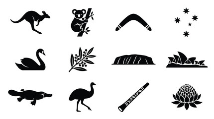 Australian icons bundle kangaroo koala boomerang stars swan eucalyptus uluru opera house platypus didgeridoo waratah and emu silhouettes © Shovon