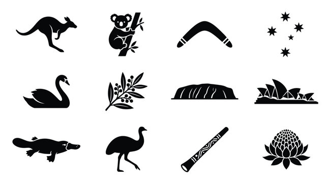Australian icons bundle kangaroo koala boomerang stars swan eucalyptus uluru opera house platypus didgeridoo waratah and emu silhouettes