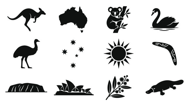 Australian day celebration icons set with kangaroo koala and native symbols