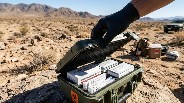 Closeup of gloved hand opening a protective case with medical test kits in desert landscape