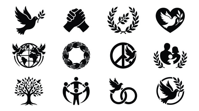 Set of black and white peace icons including doves hands hearts and trees symbolizing harmony and unity