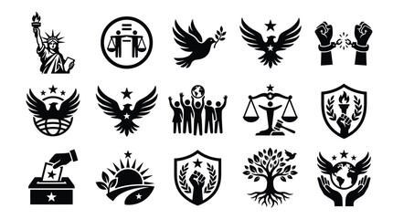 Freedom and justice icons bundle silhouettes of liberty peace and human rights symbols © Shovon