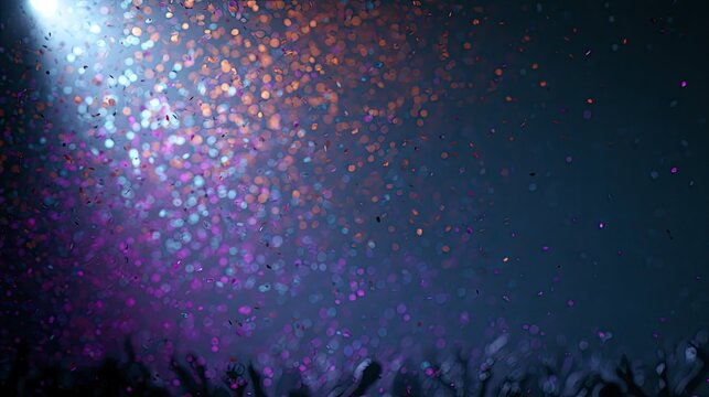 A vibrant spotlight illuminates a shower of colorful confetti falling on a crowd