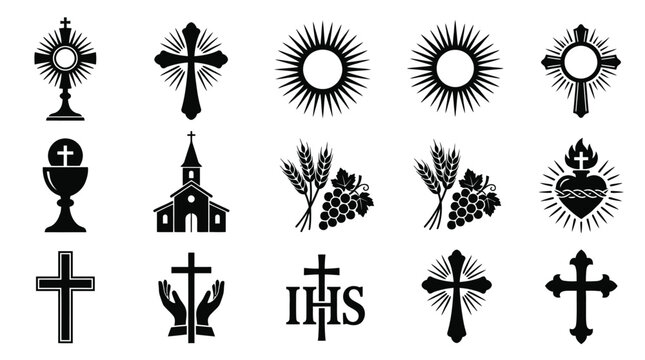 Collection of sacred religious christian symbols and icons including crosses chalice church ihs monogram wheat grapes and sacred heart presented in a clean modern silhouette style