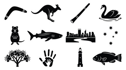 Silhouettes of western australia cultural icons including kangaroo swan shark lighthouse didgeridoo boomerang and city skyline © Shovon